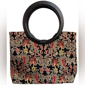 Vintage Braciano Beaded Tote Bag w/round wooden handles & snap 13”Long 11”High